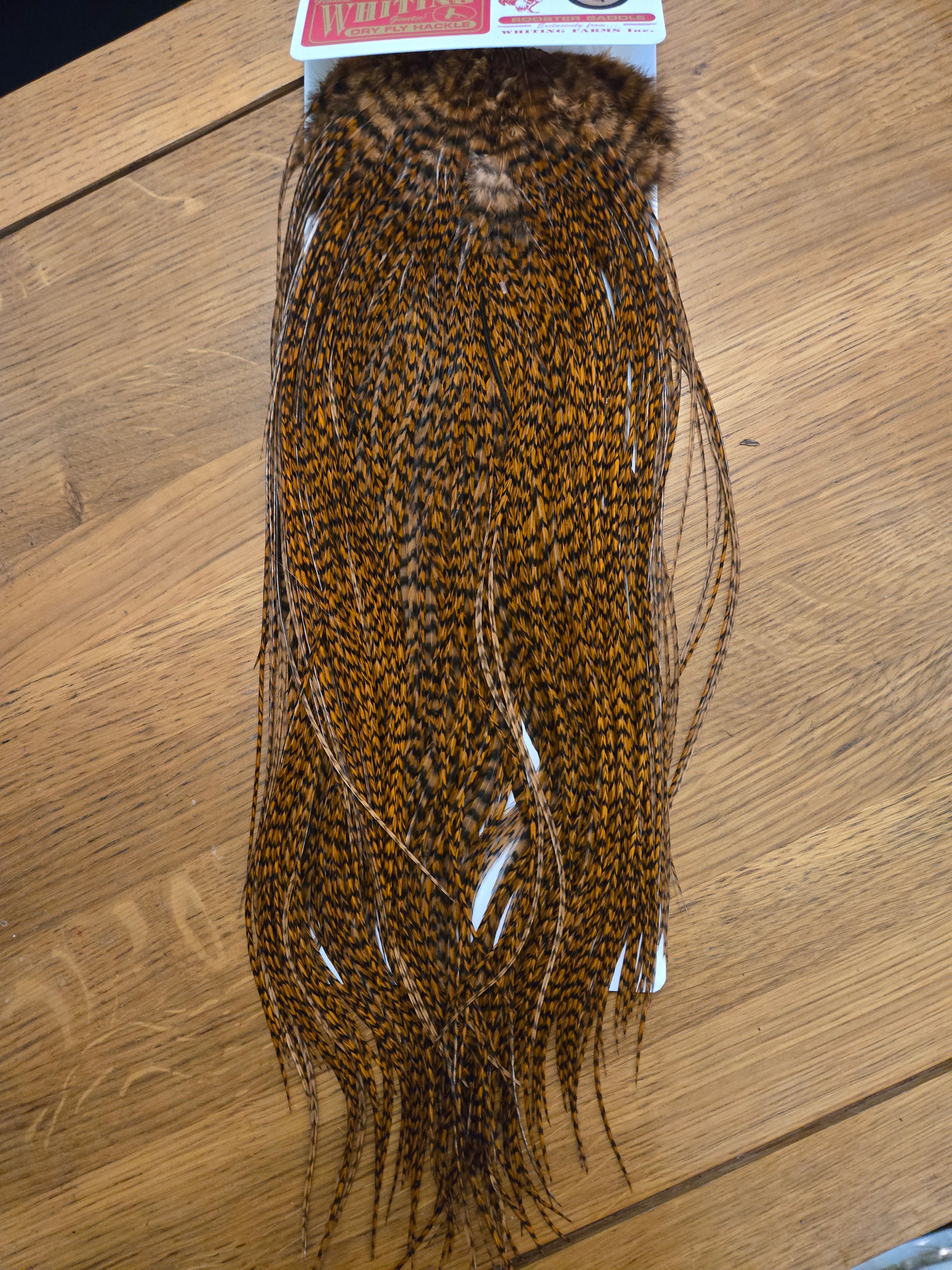 Whiting Dry Fly Hackle Rooster Saddle - Grizzly Dyed Natural Brown